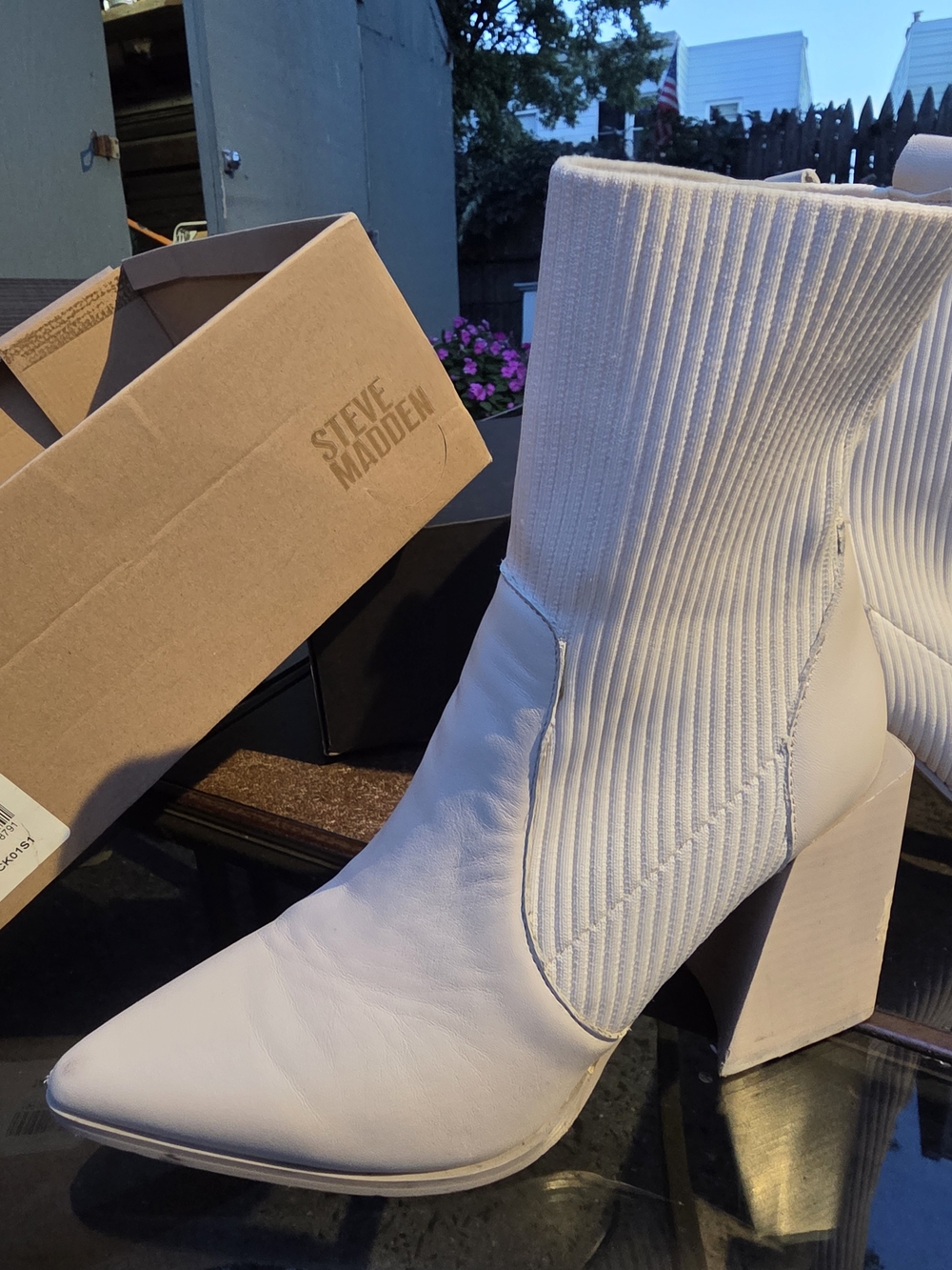 Steve Madden Cream Ribbed Block Heel Sock Booties
